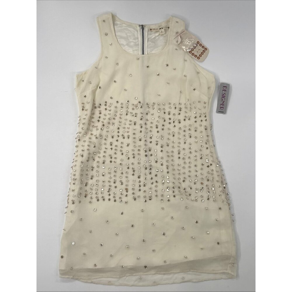 Chelsea Violet Shift Dress Womens Large Beige Sequins Sleeveless Lined $118 NEW - Picture 1 of 12